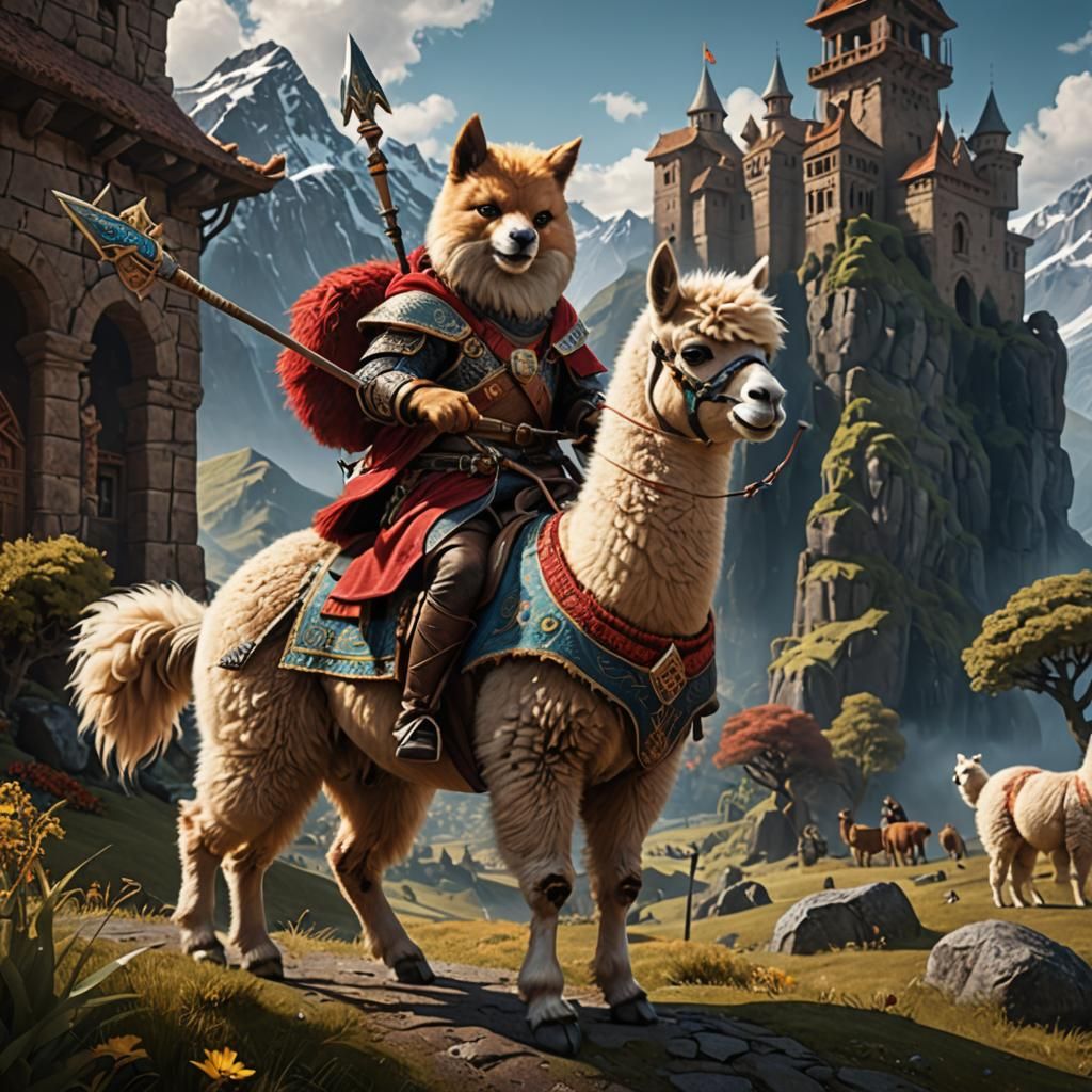 Spitz Dog Rides Alpaca in Detailed Fantasy Art
