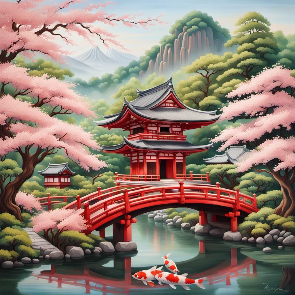 Japanese Temple in Bloom: A Hyperrealistic Painting