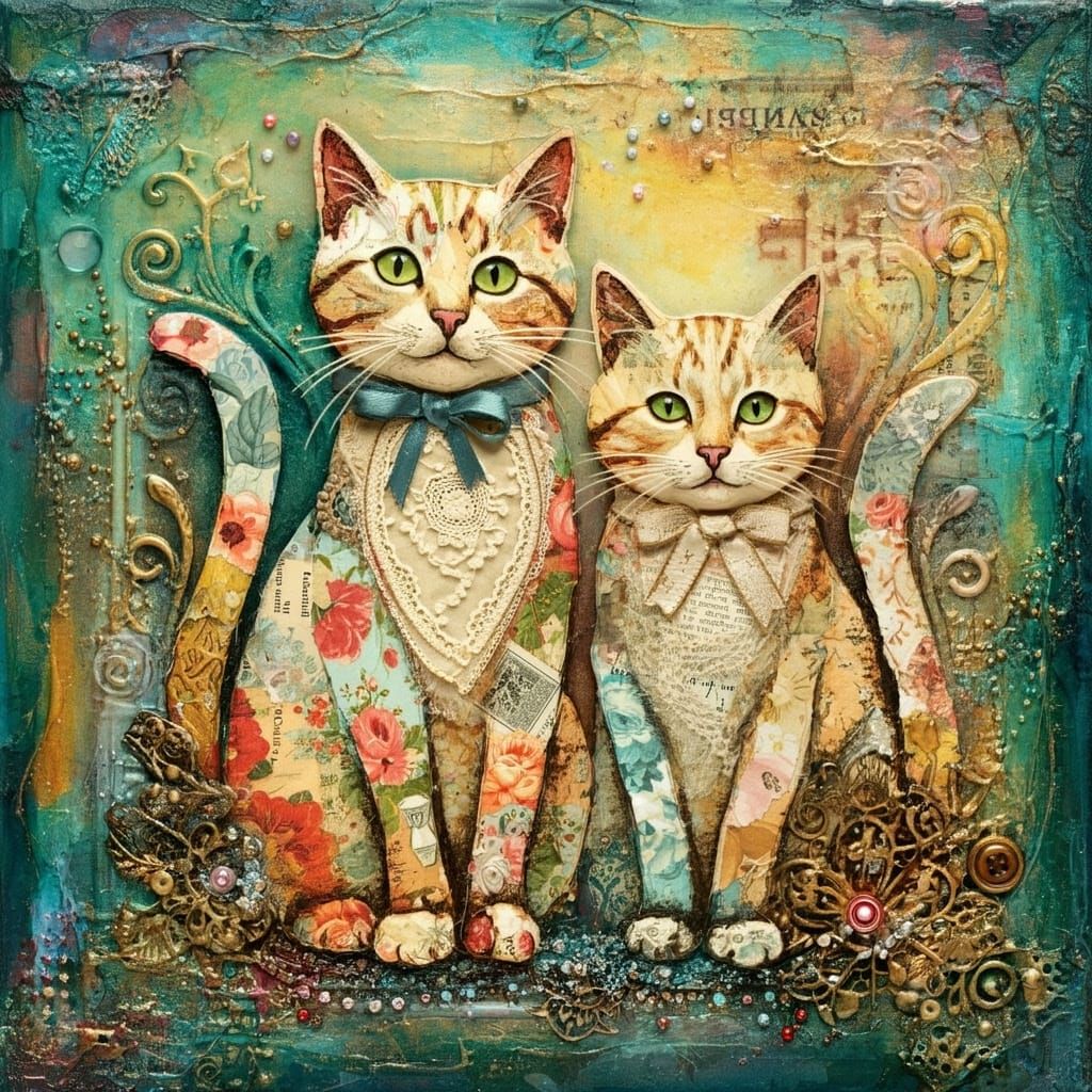 Surreal Whimsical Cats in Mixed Media Art