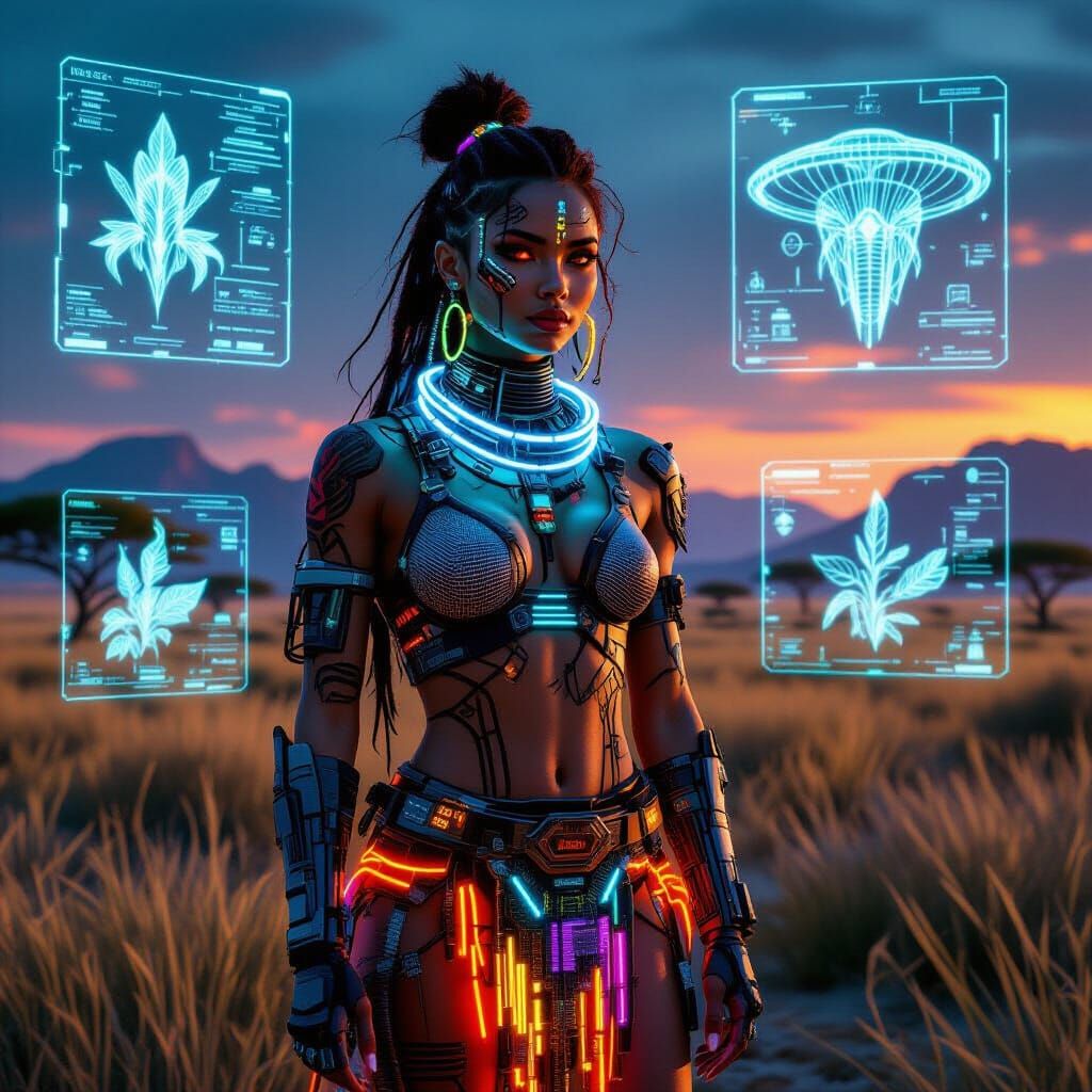 Biomechanical Figure in Futuristic Savanna with Glowing Circ...