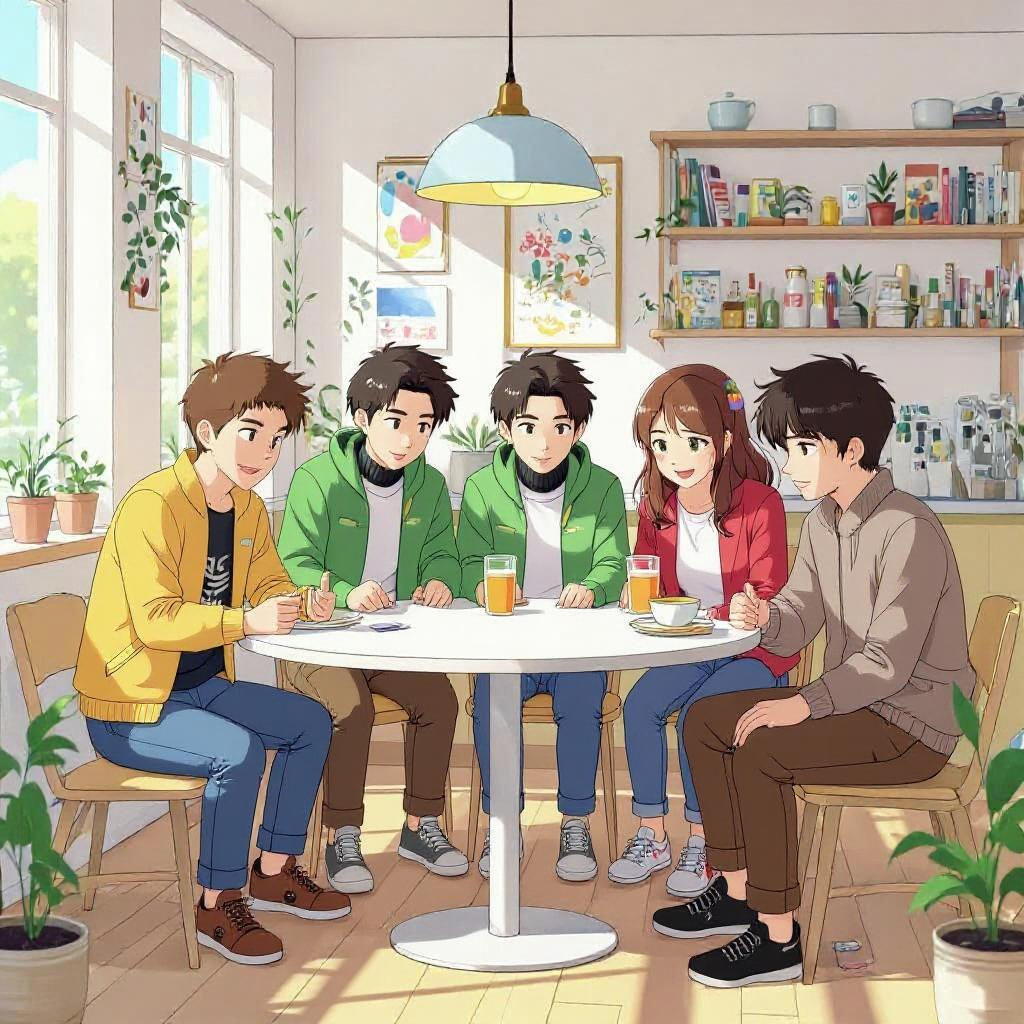 Ghibli-Style Comic Image of Young People Talking