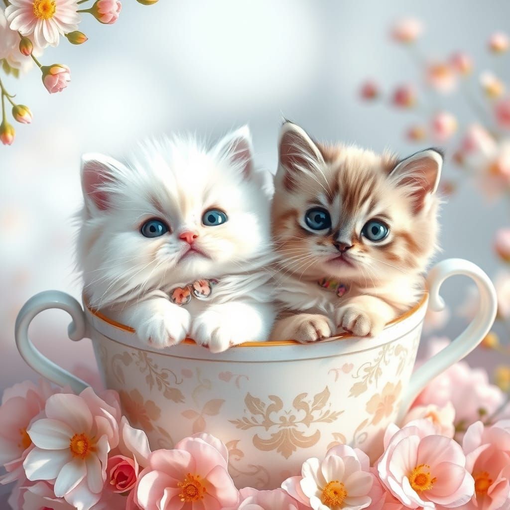 Fluffy Kittens in Teacup, Dreamy Watercolor Style