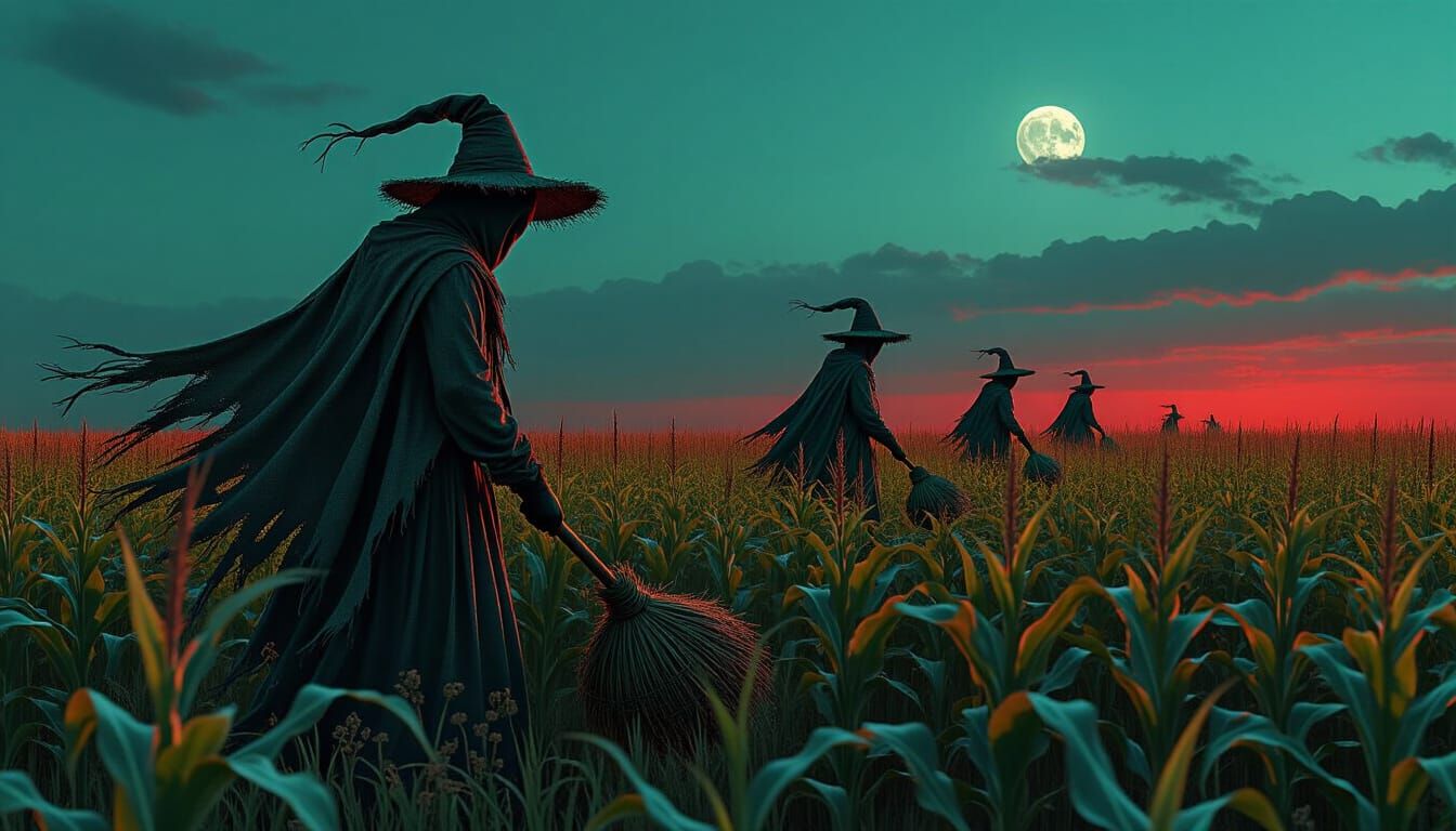 Scarecrow Reapers Harvesting Souls in Cornfield