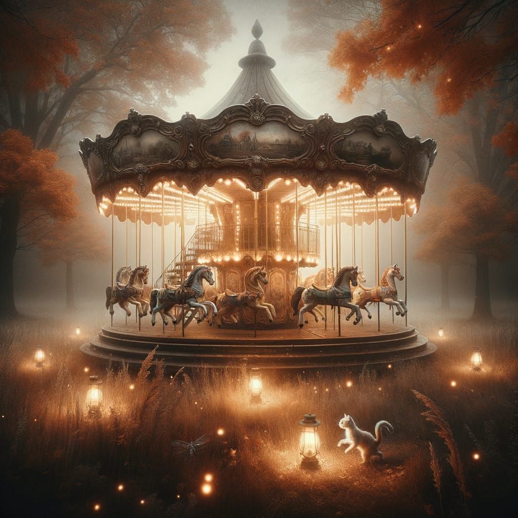 Nostalgic Autumn Carousel with Spectral Kitten