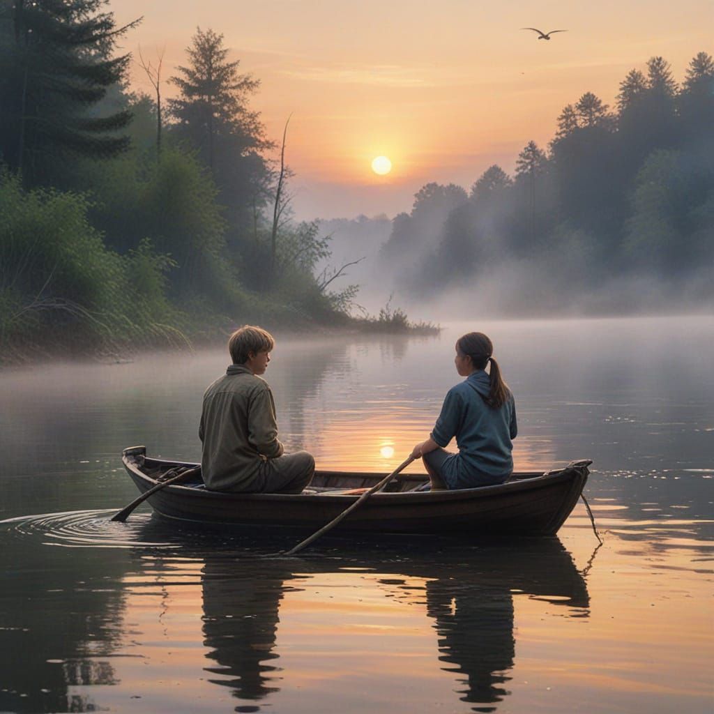 Serene Lake Scene with Boy and Girl and Wild Duck