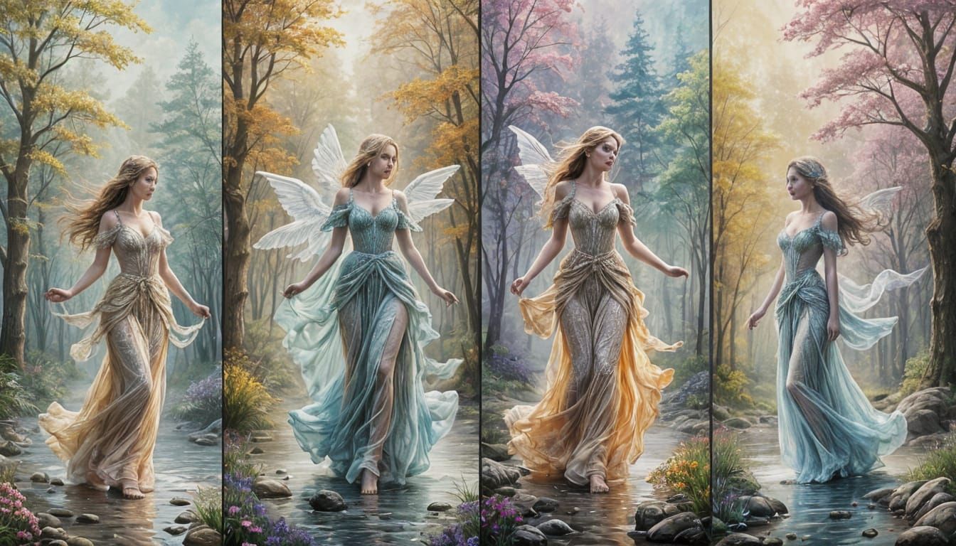 Surreal Elemental Triptych with Rainbow and Metallic Texture...