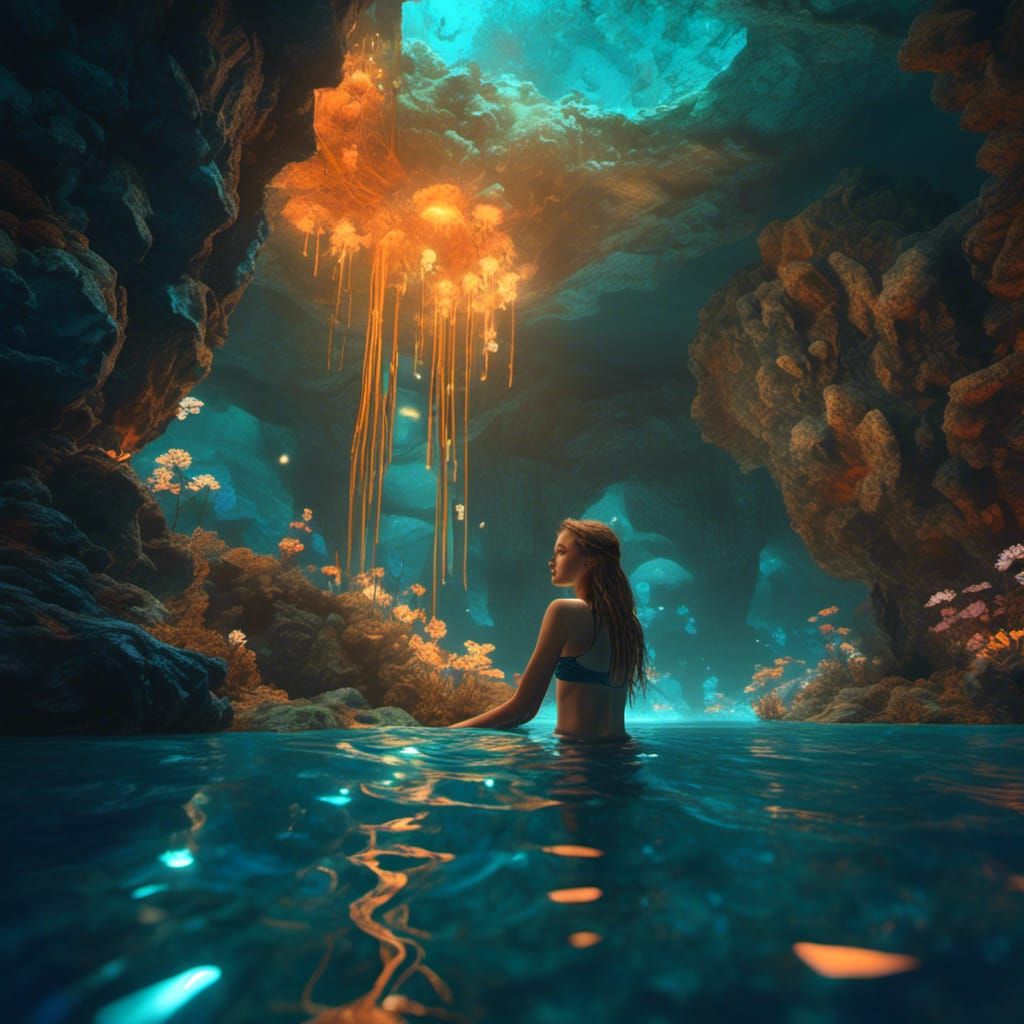 Bioluminescent Underwater Cave Discovery in Hyperreal Style