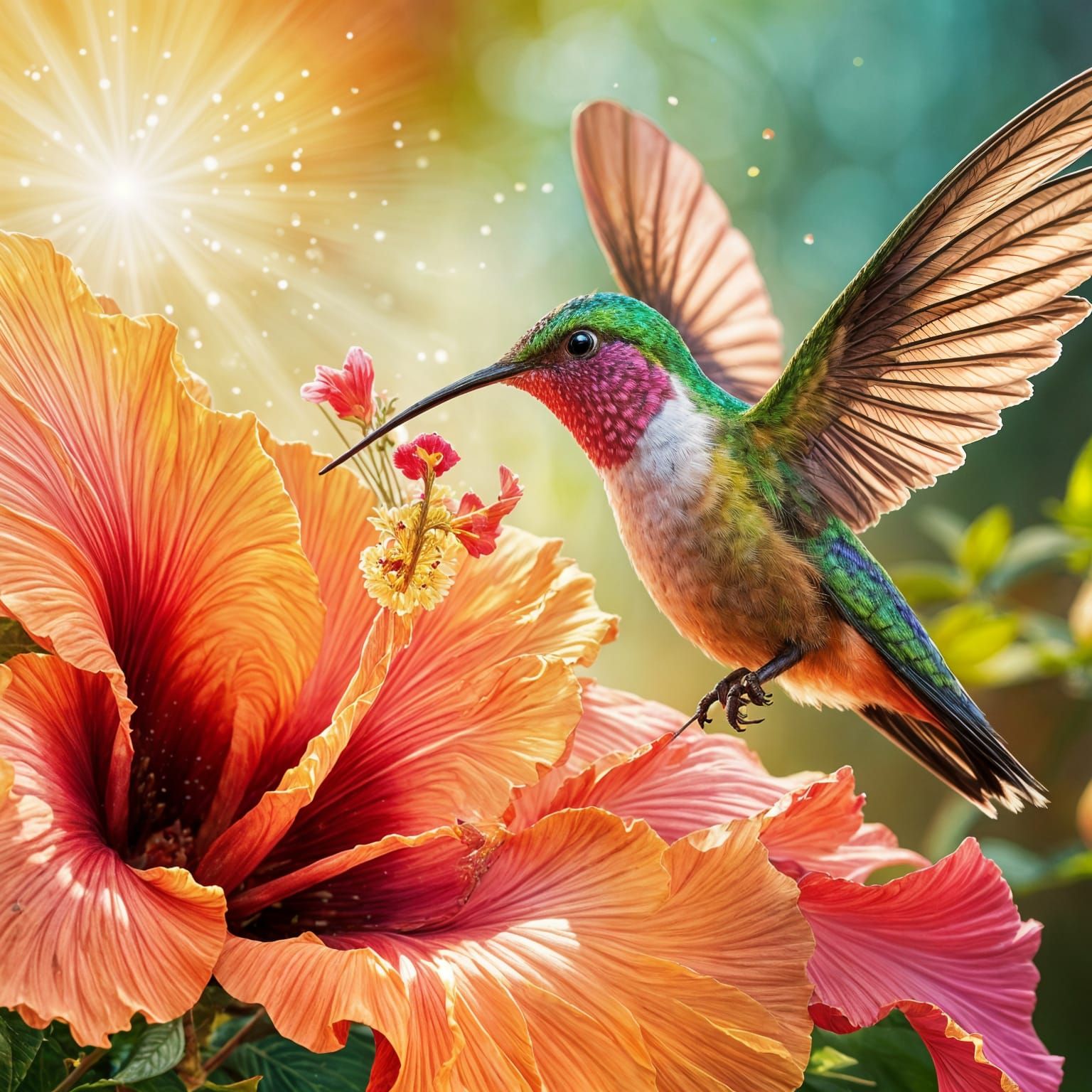 Hyperrealistic Hummingbird Sips Nectar From Giant Hibiscus