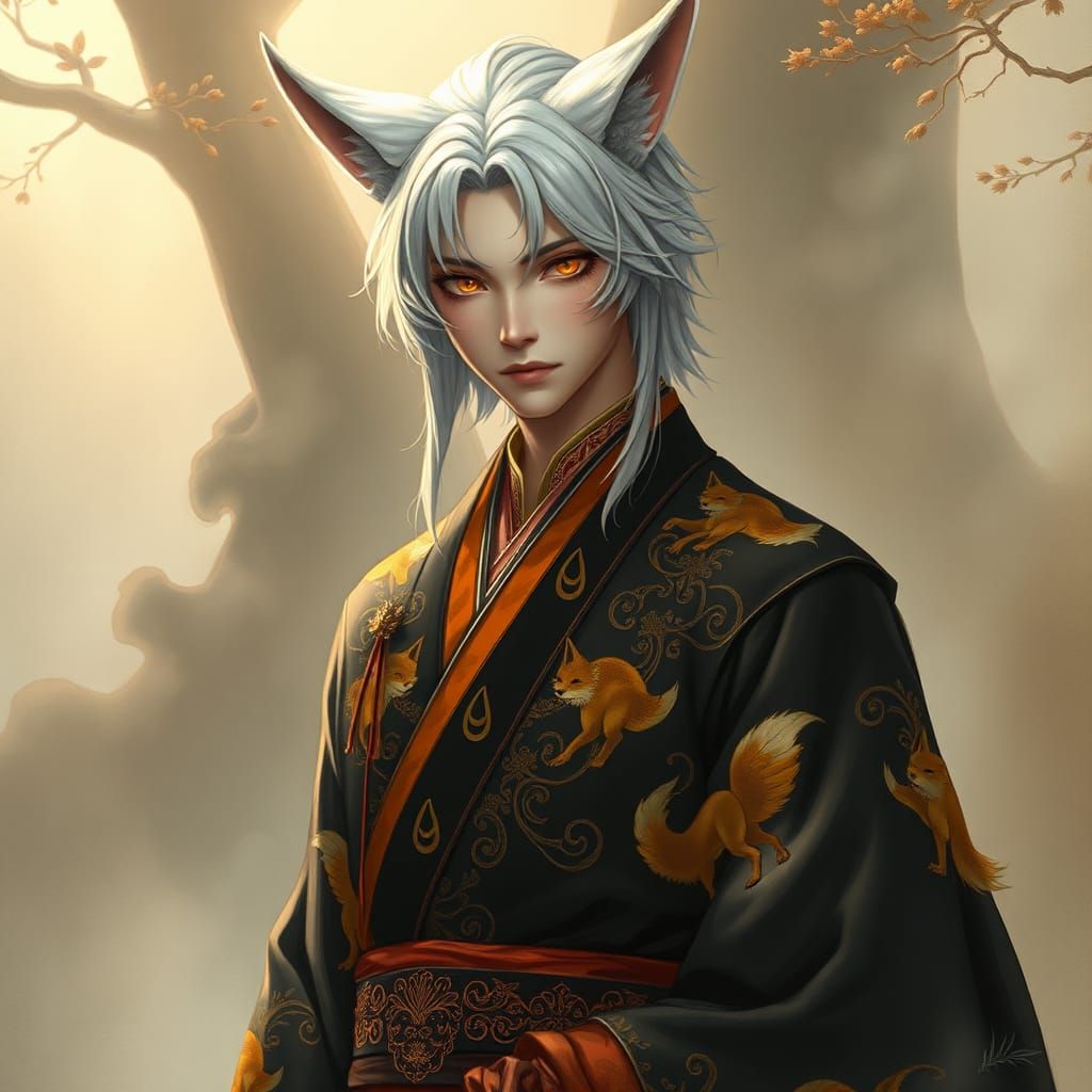 Fox-Eared Man in Opulent Japanese Attire