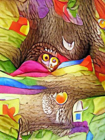 Whimsical Owl in Bed Storybook Illustration
