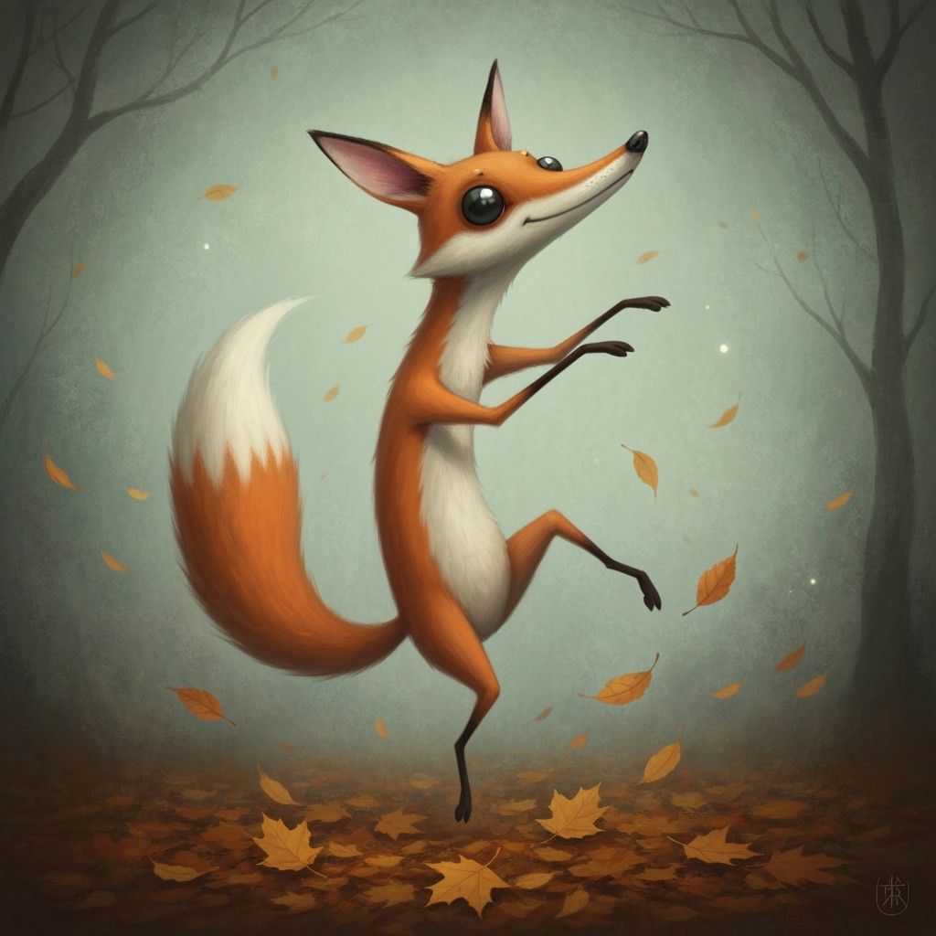 Whimsical Fox Jumps in Autumn Leaves Surreal Painting