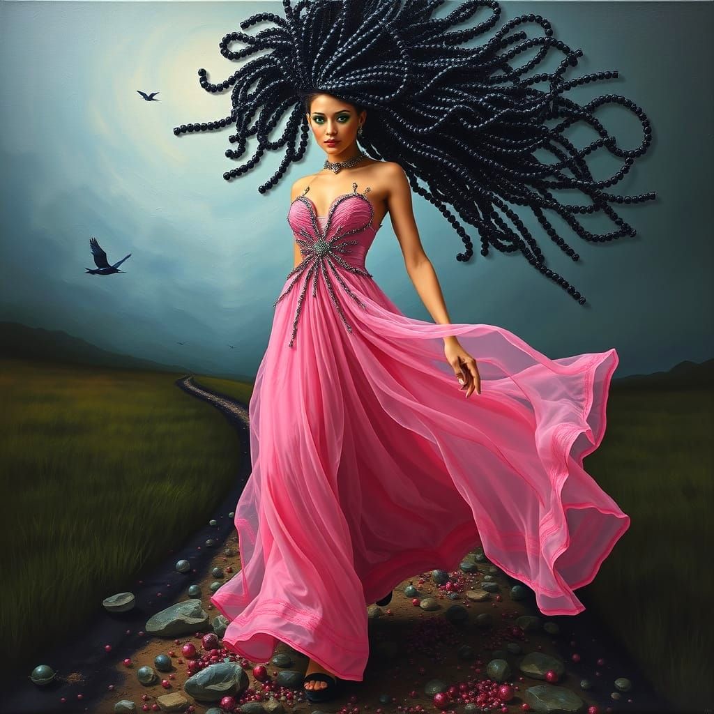 Surreal Beaded Woman in a Melting Oil Painting