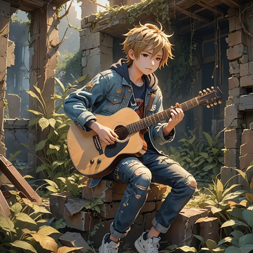 Anime Style Boy Plays Guitar in Overgrown Ruin