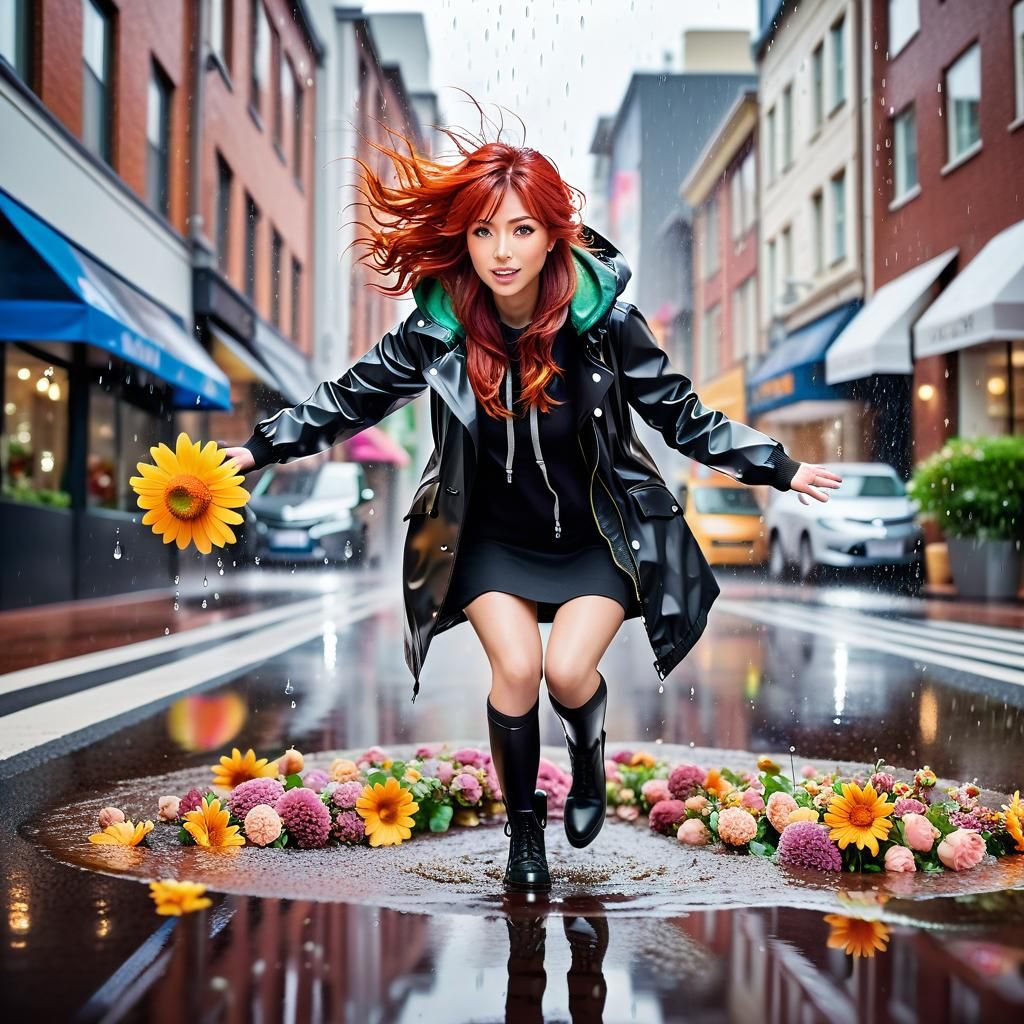 Chibi Anime Woman Jumps in Rainy Puddle