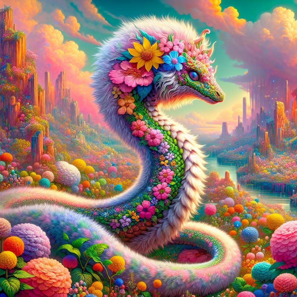 Floral Furry Snake-Dragon in Pastel Dreamscape