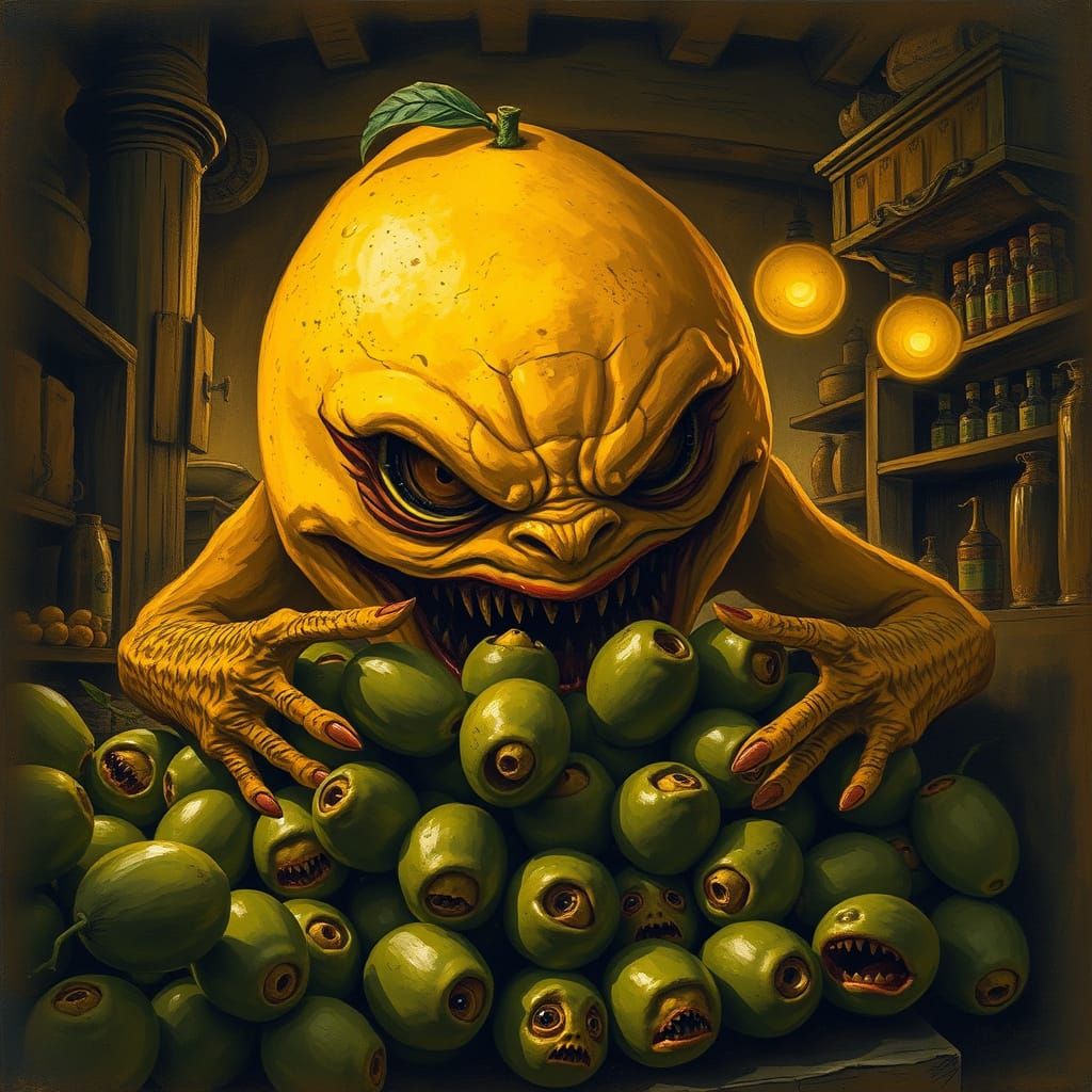 Menacing Lemon Creature Devours Frightened Olives in Dark Wh...