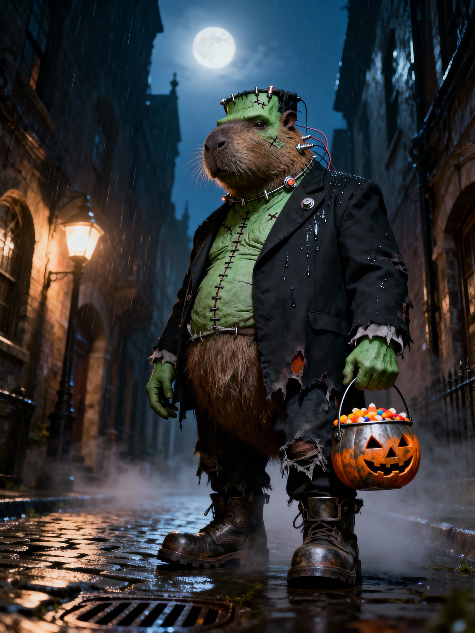 Frankenstein Capybara in Gothic Alleyway