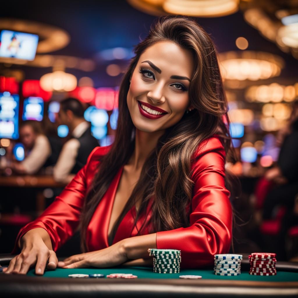Beautiful Brunette in Red Bikini at Casino Bar