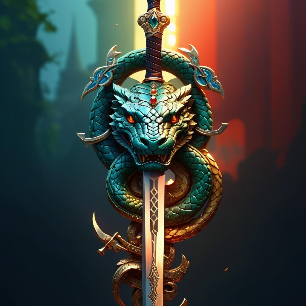 Jeweled Sword and Serpent Logo in Maximalist Style