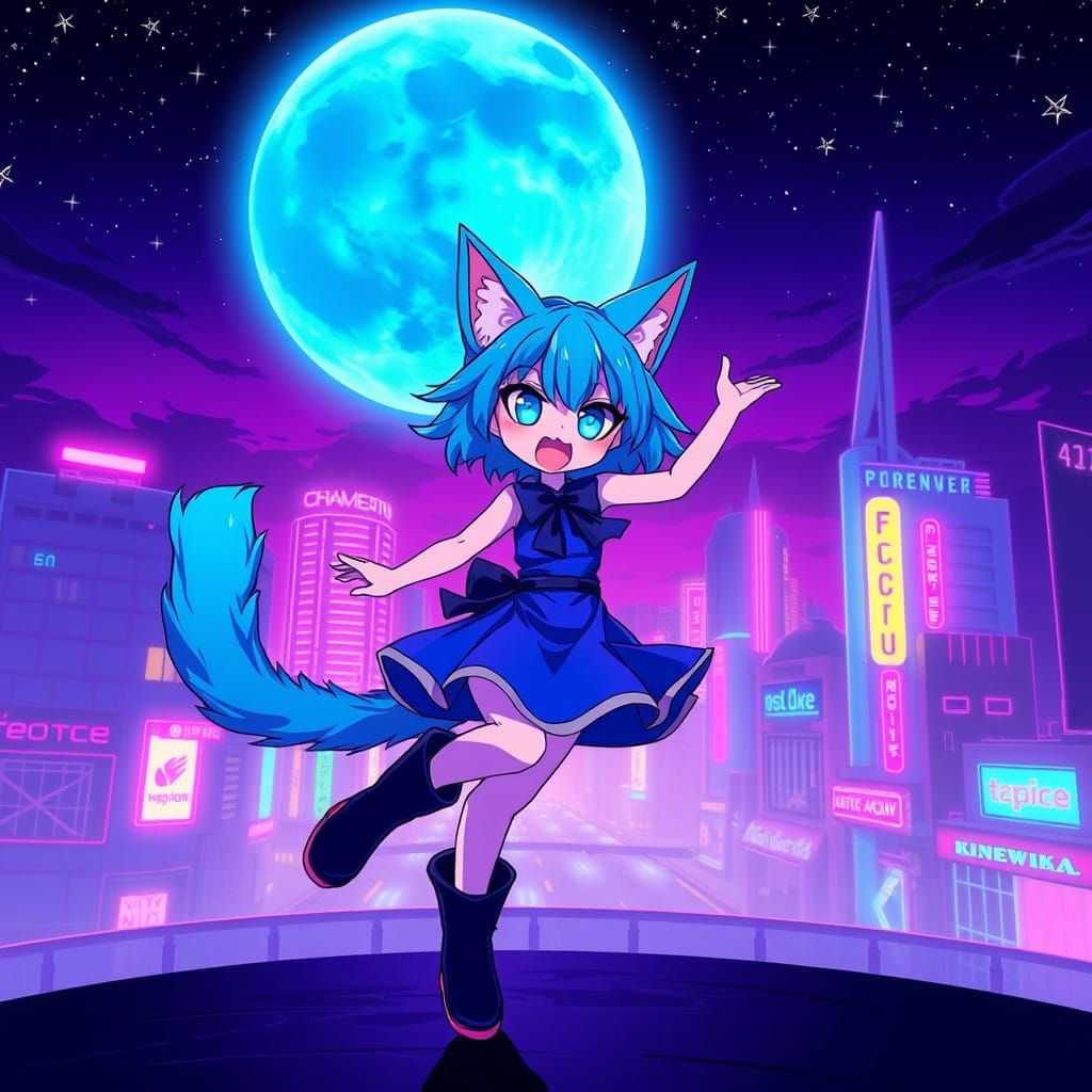 Cyberpunk Catgirl Dances in Neon City