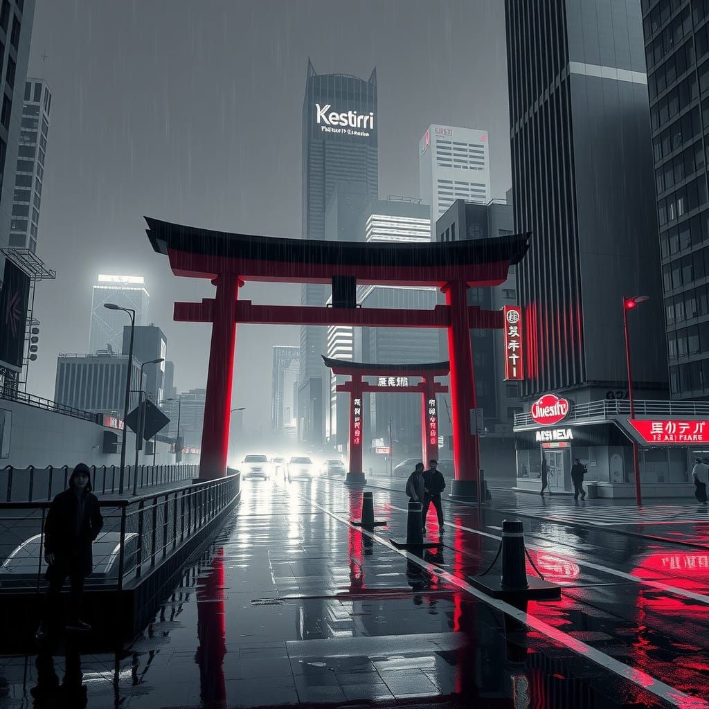 Torii in Cyberpunk Cityscape