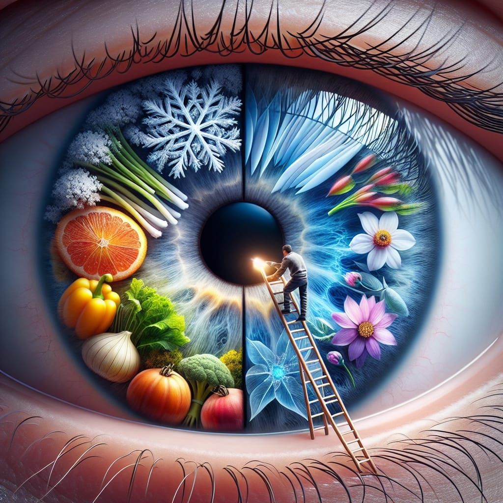 Hyperrealistic Eye with Seasons and a Tiny Ladder
