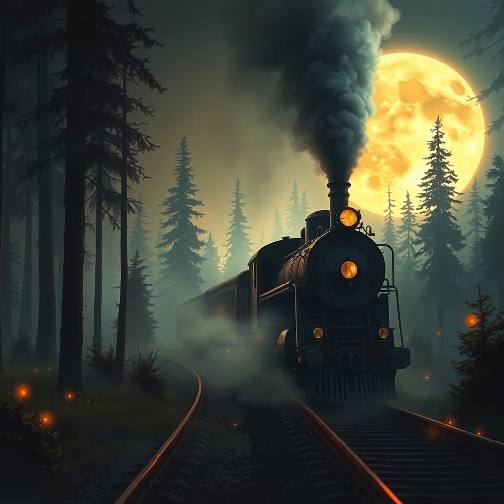 Mystical Steam Train in Misty Forest