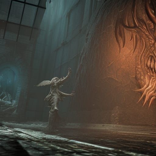 Photorealistic Aboleth Boss Fight in Detailed Environment