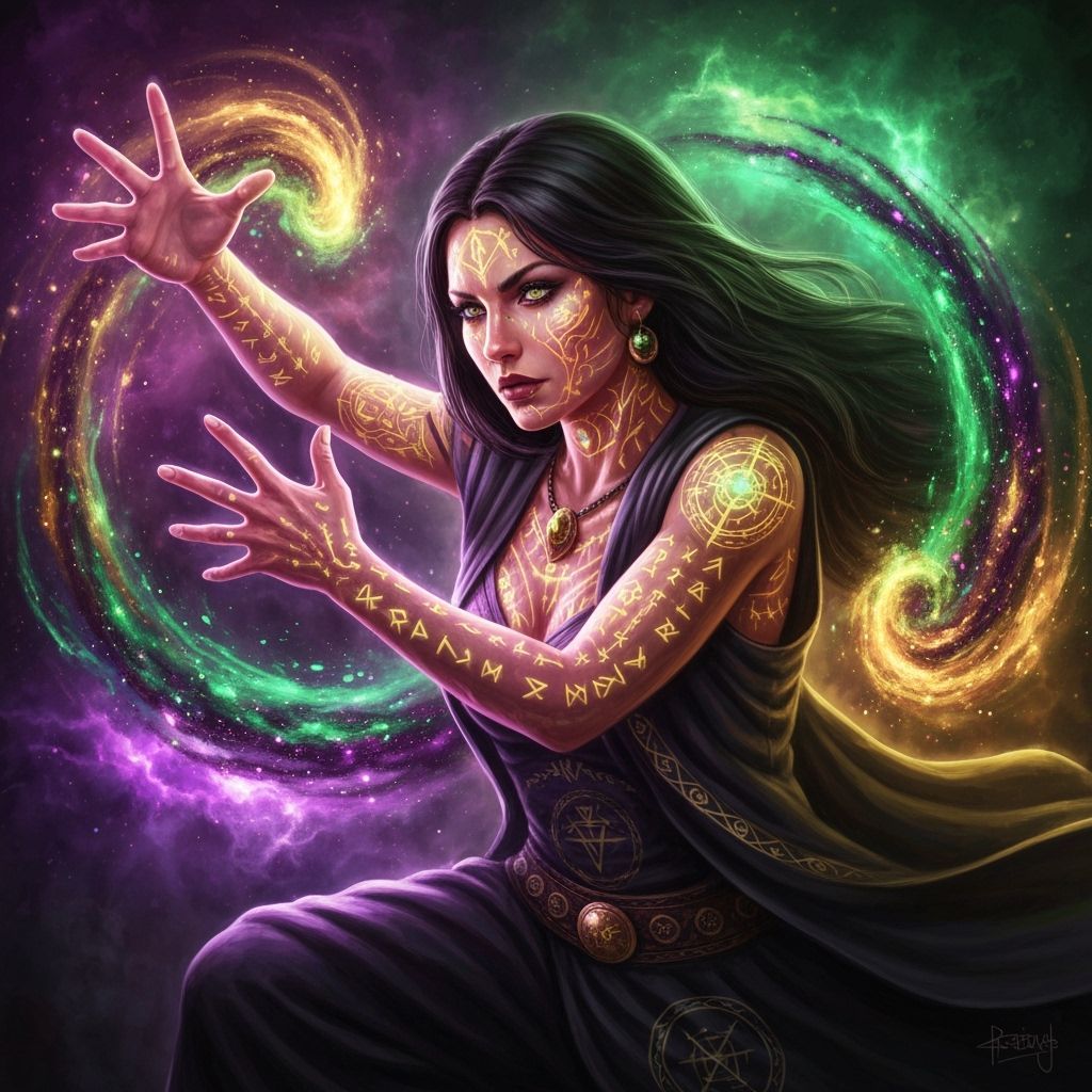 Gender-Swapped Sorceress Portrait with Magical Tattoos