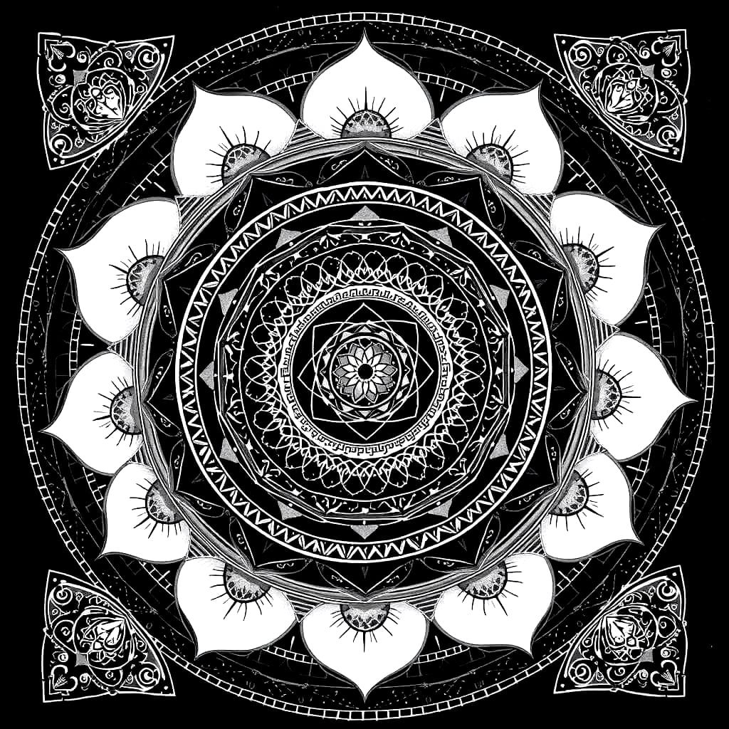 thousand petaled lotus yantra triangle with bindu dot  within 8 petaled lotus flower black ink on paper sanskrit