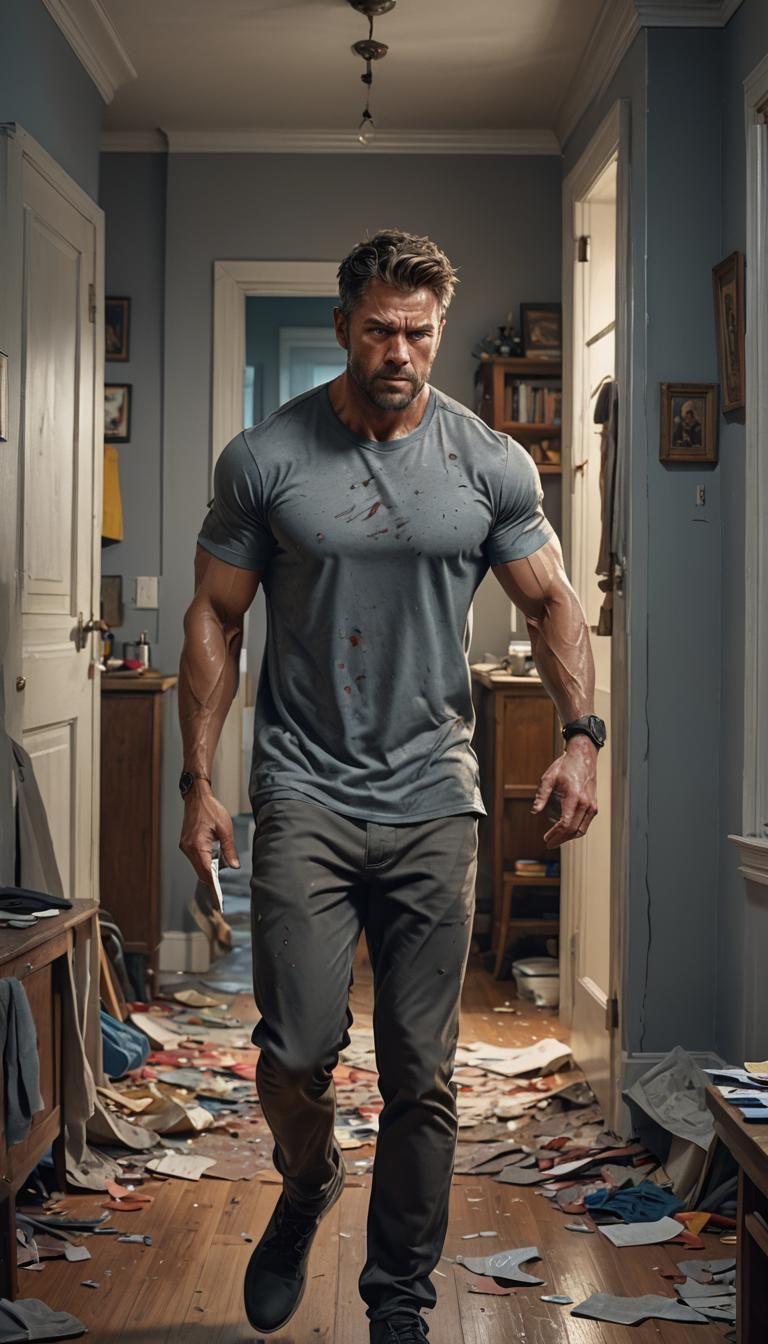 Muscular Man Walks into Room at Night: Hyperrealistic Art