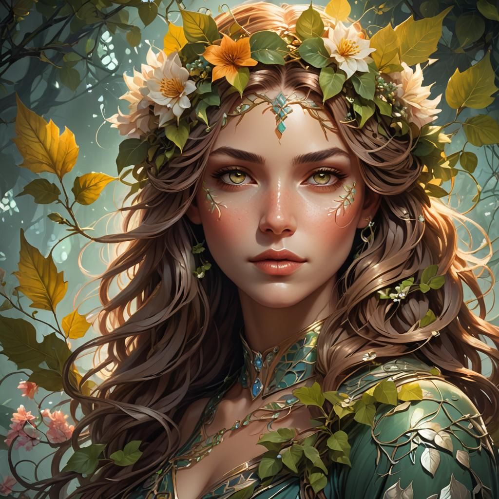 Fantasy Girl with Glowing Flora, Art Nouveau Style