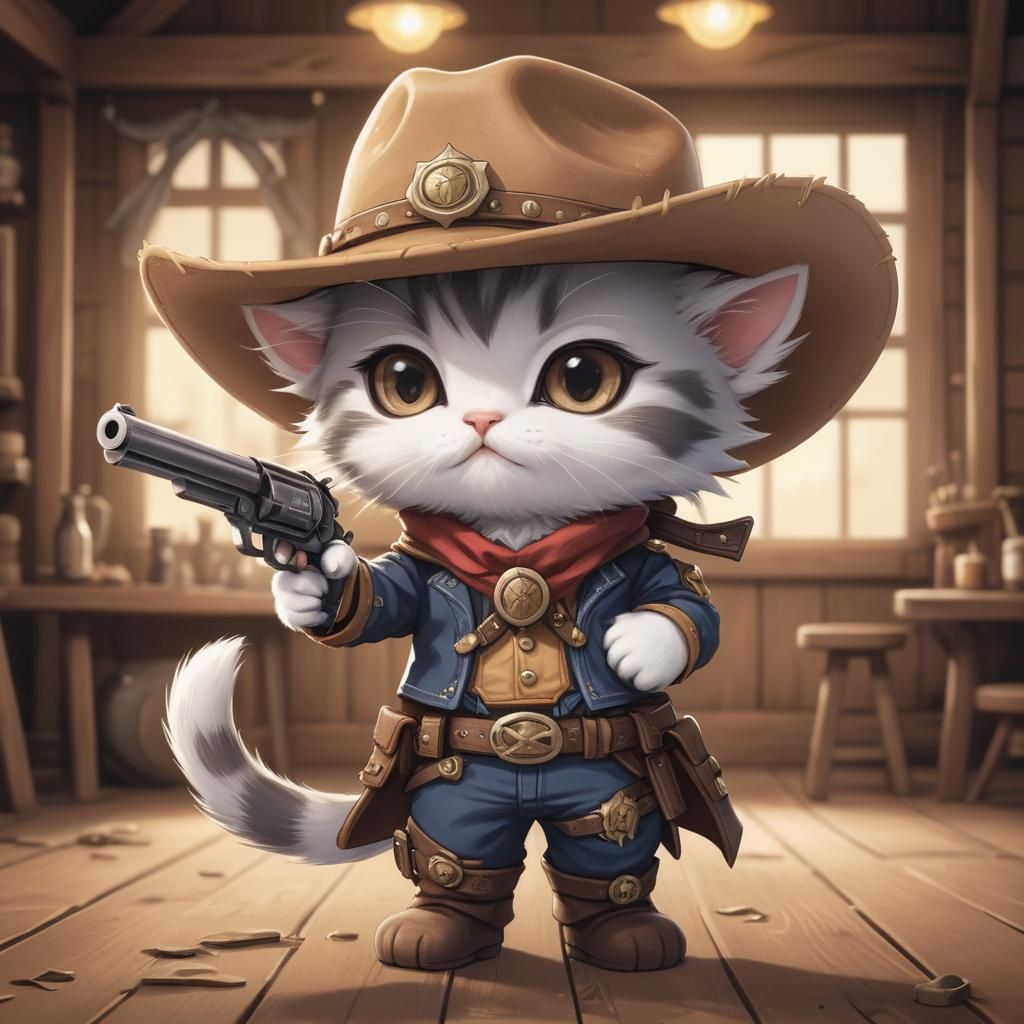 Chibi Kitten Cowboy Ready for Saloon Brawl