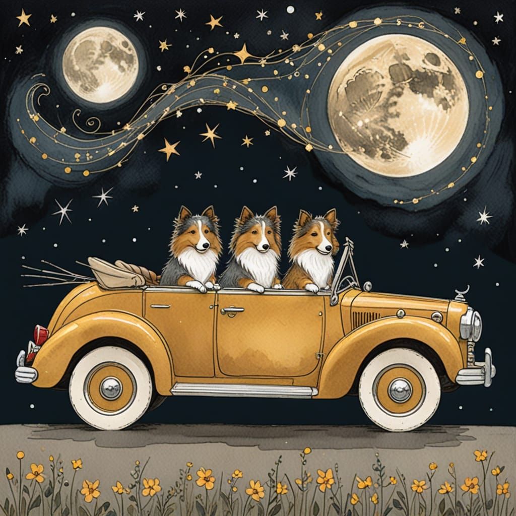 Adorable Sheltie Dogs Drive Fast in a Gold Convertible at Ni...