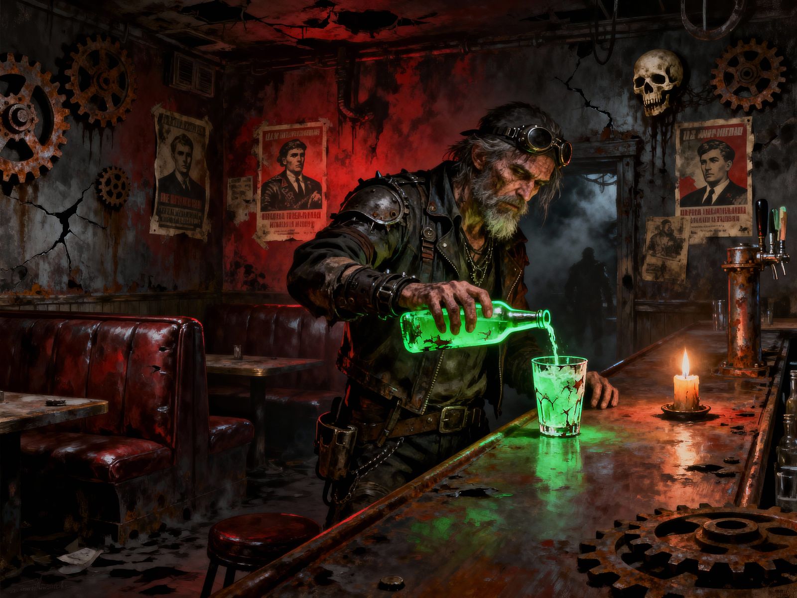 Diesel-Punk Bartender Pours Glowing Drink in Smoky Bar