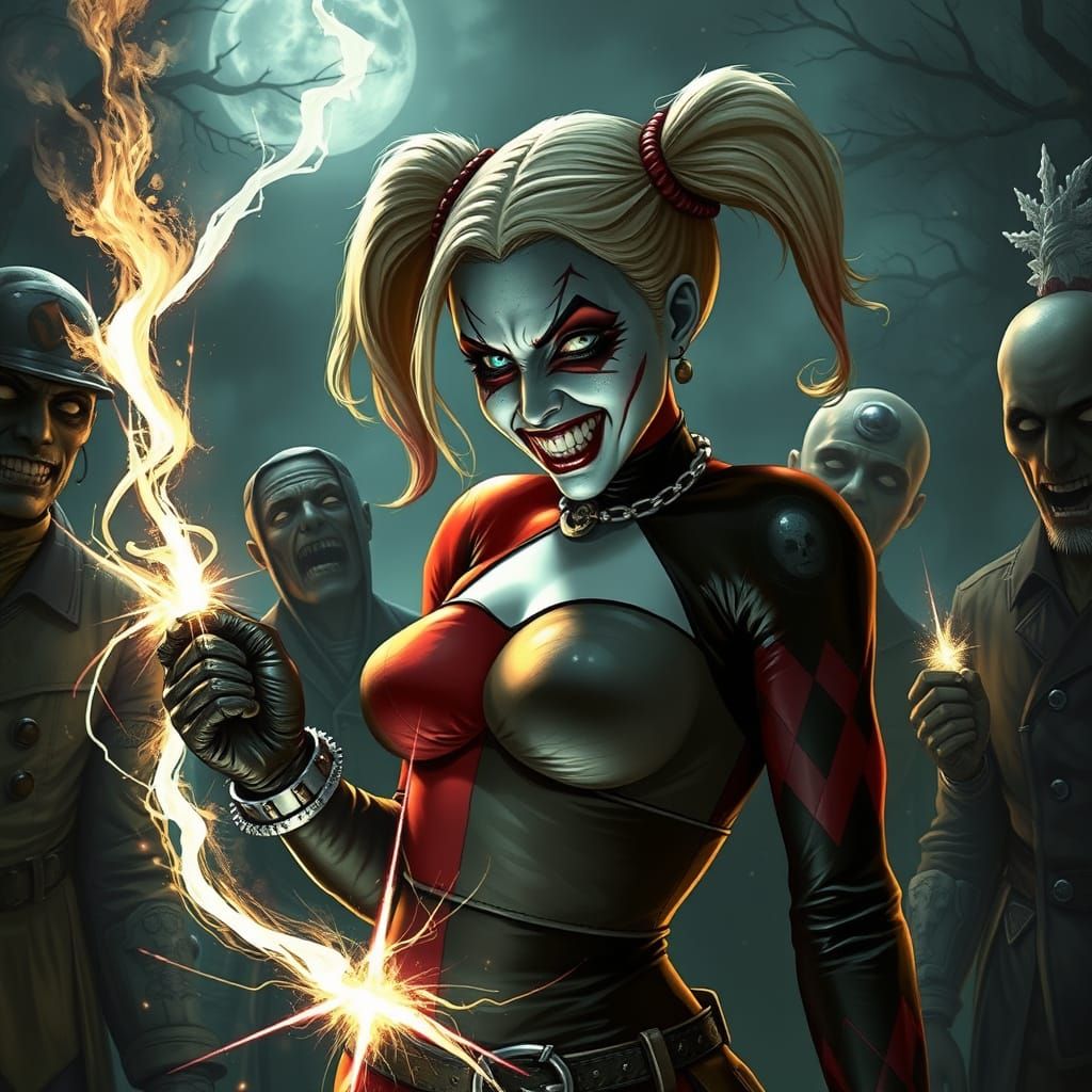 Zombie Harley Quinn in Mystical Fantasy Landscape