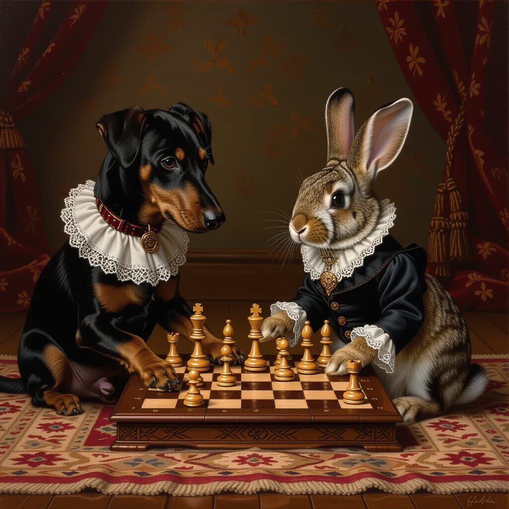 Doberman Dog and Rabbit Play Chess in Victorian Attire