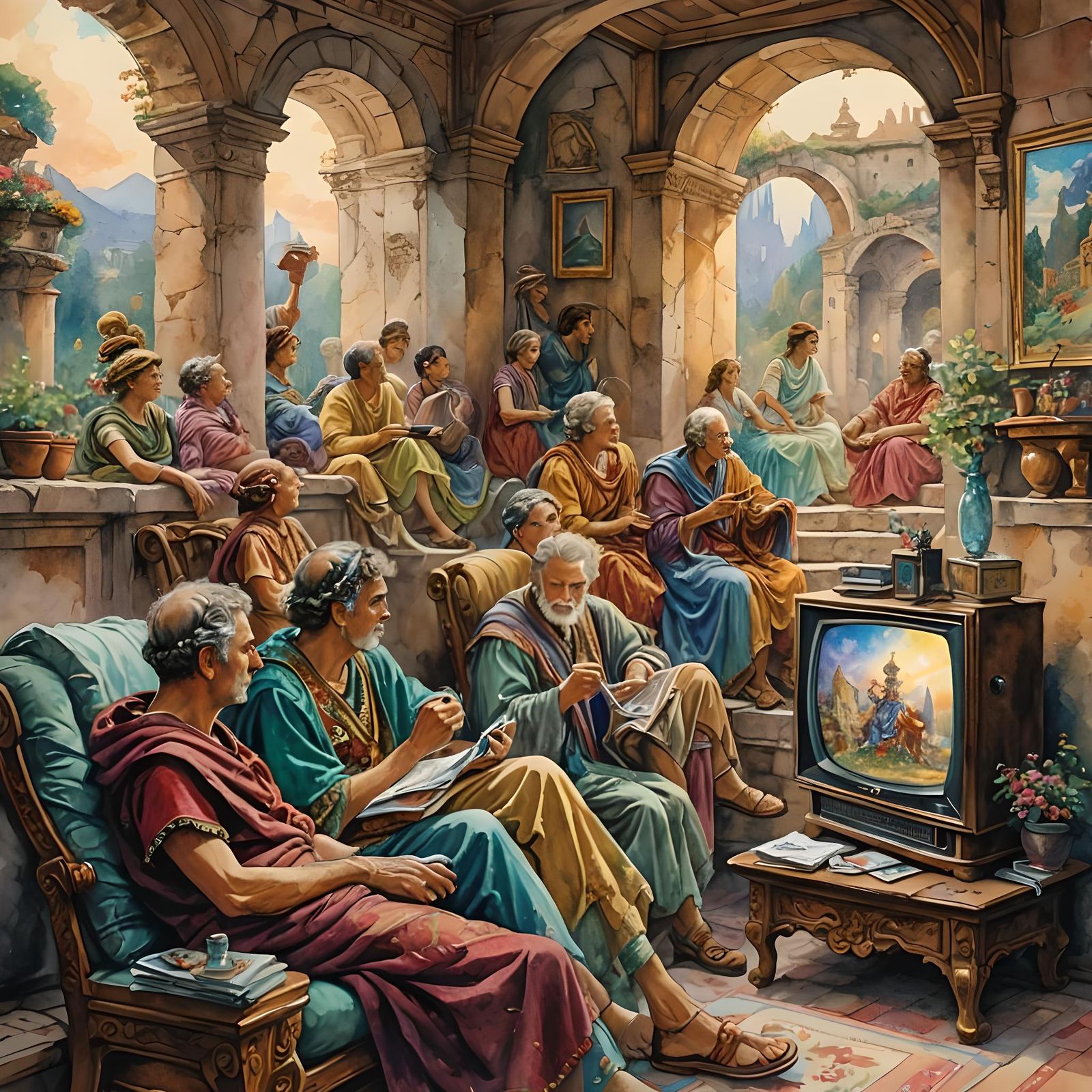 Ancient Romans Watch TV: Watercolor Illustration