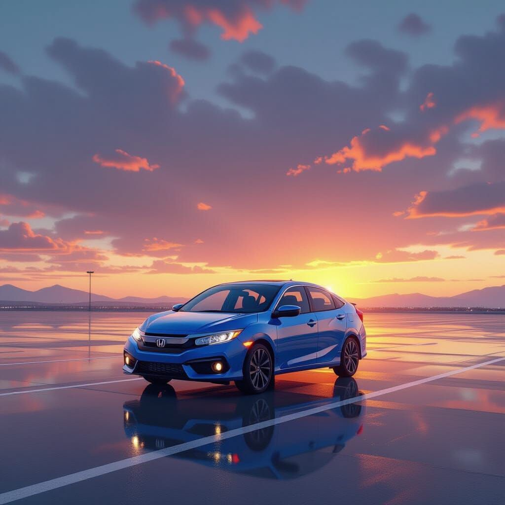 Blue Honda Civic at Dawn: Matte Painting Style