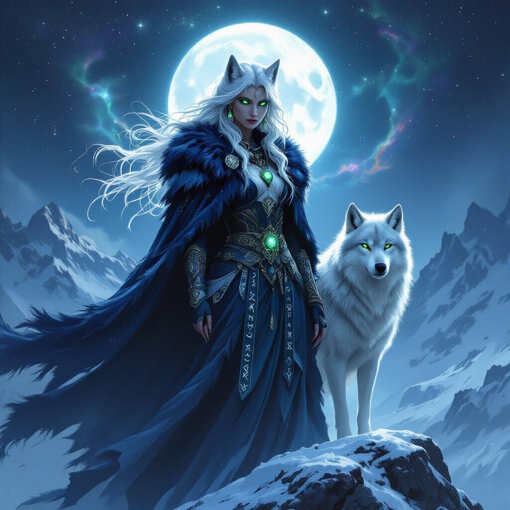 Goddess of Wolves on Snowy Mountain Peak