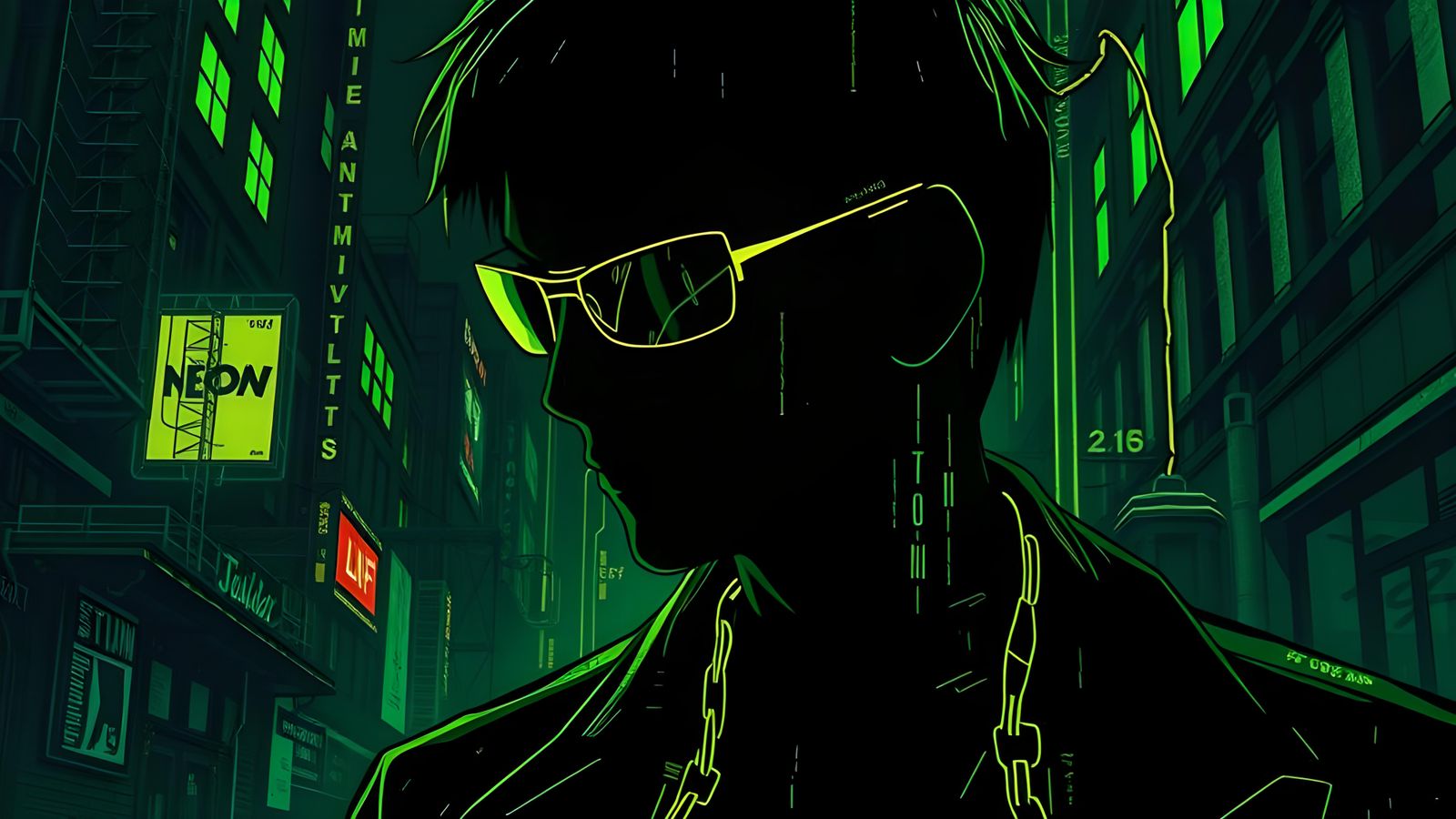 Cyberpunk Anime Silhouette Portrait in Neon Green