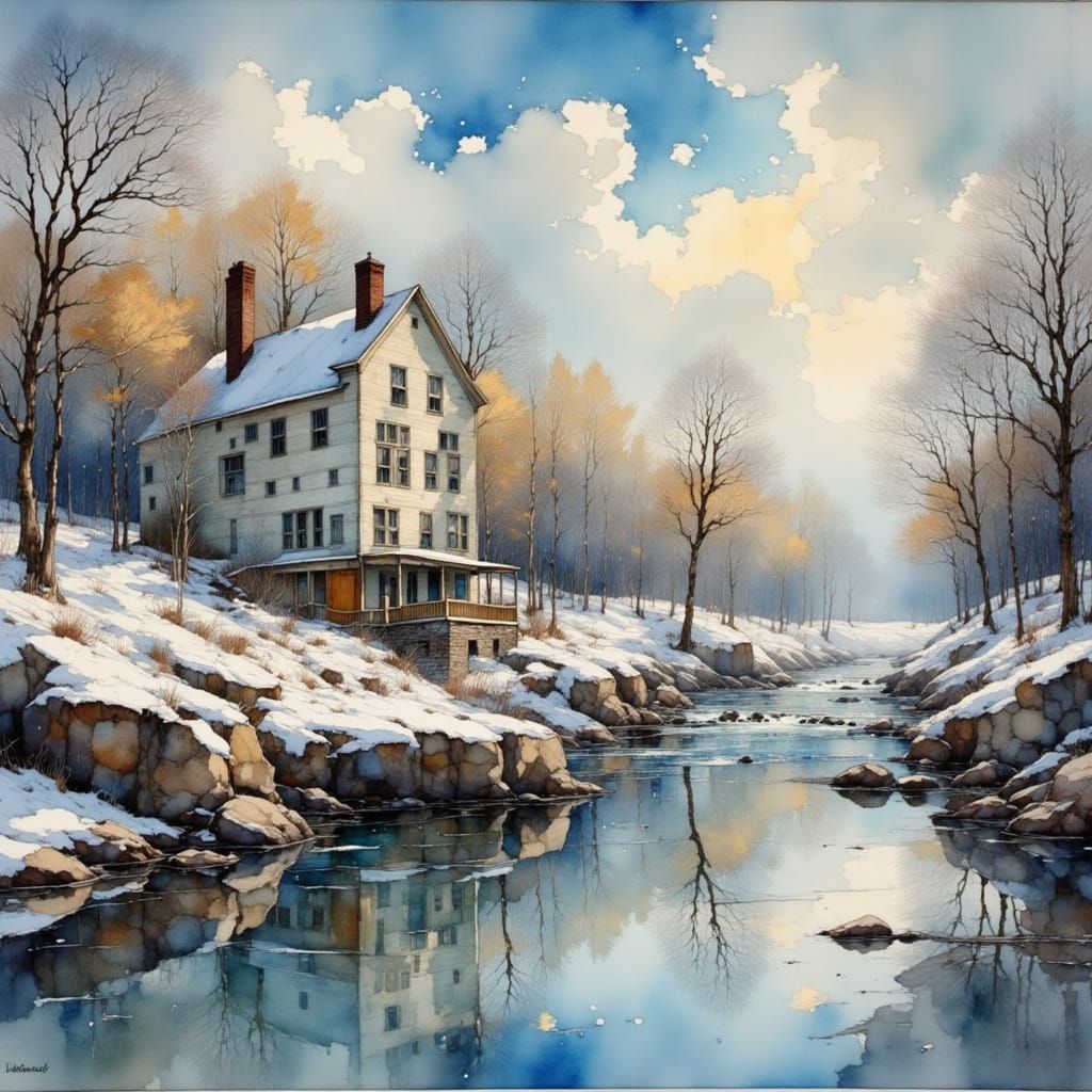 Colonial House on River Bank Oil Painting