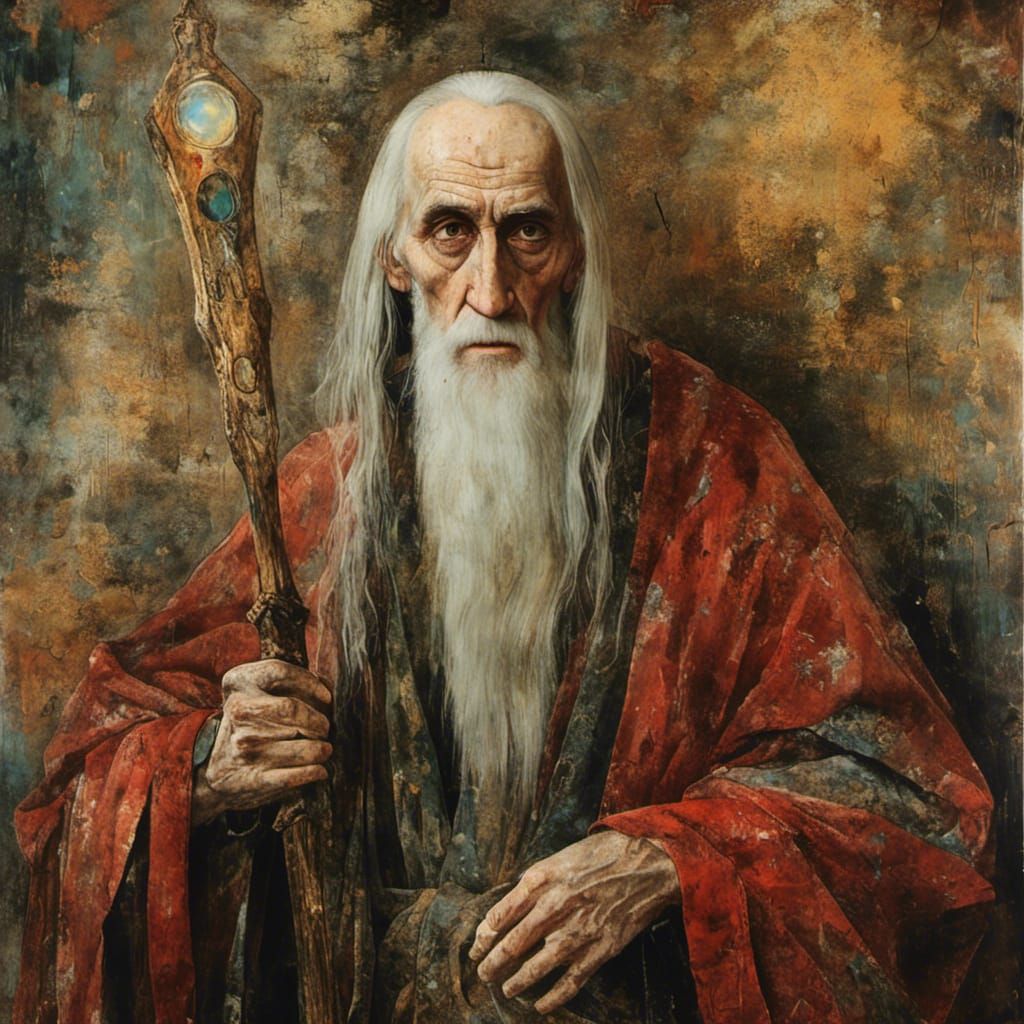 Saruman Portrait with Magic Staff in Medieval Style