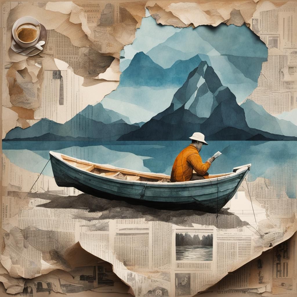 Fisherman on Newspaper in Digital Art Deco Collage