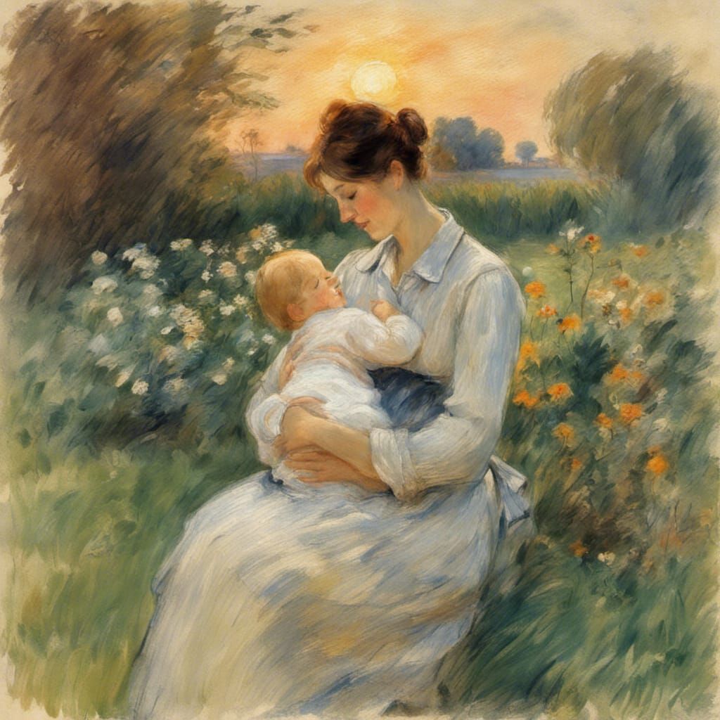 Luminous Mother and Child in Impressionistic Garden