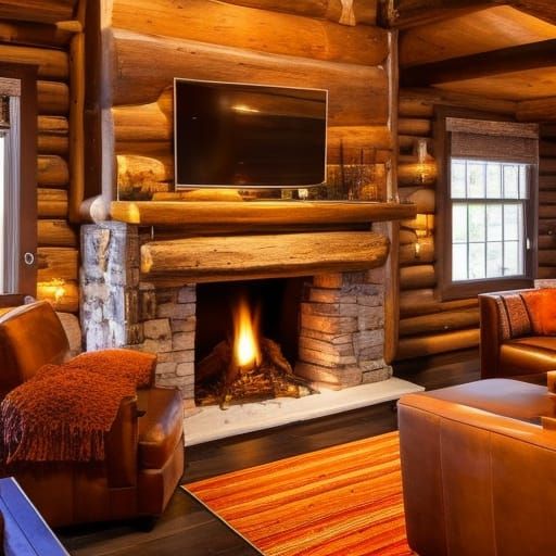 Cozy Fireplace in Rustic Cabin: Warm Masterpiece