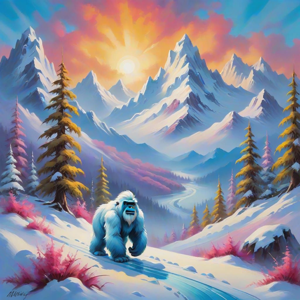Yeti in Snowy Landscape - Bob Ross Oil Painting