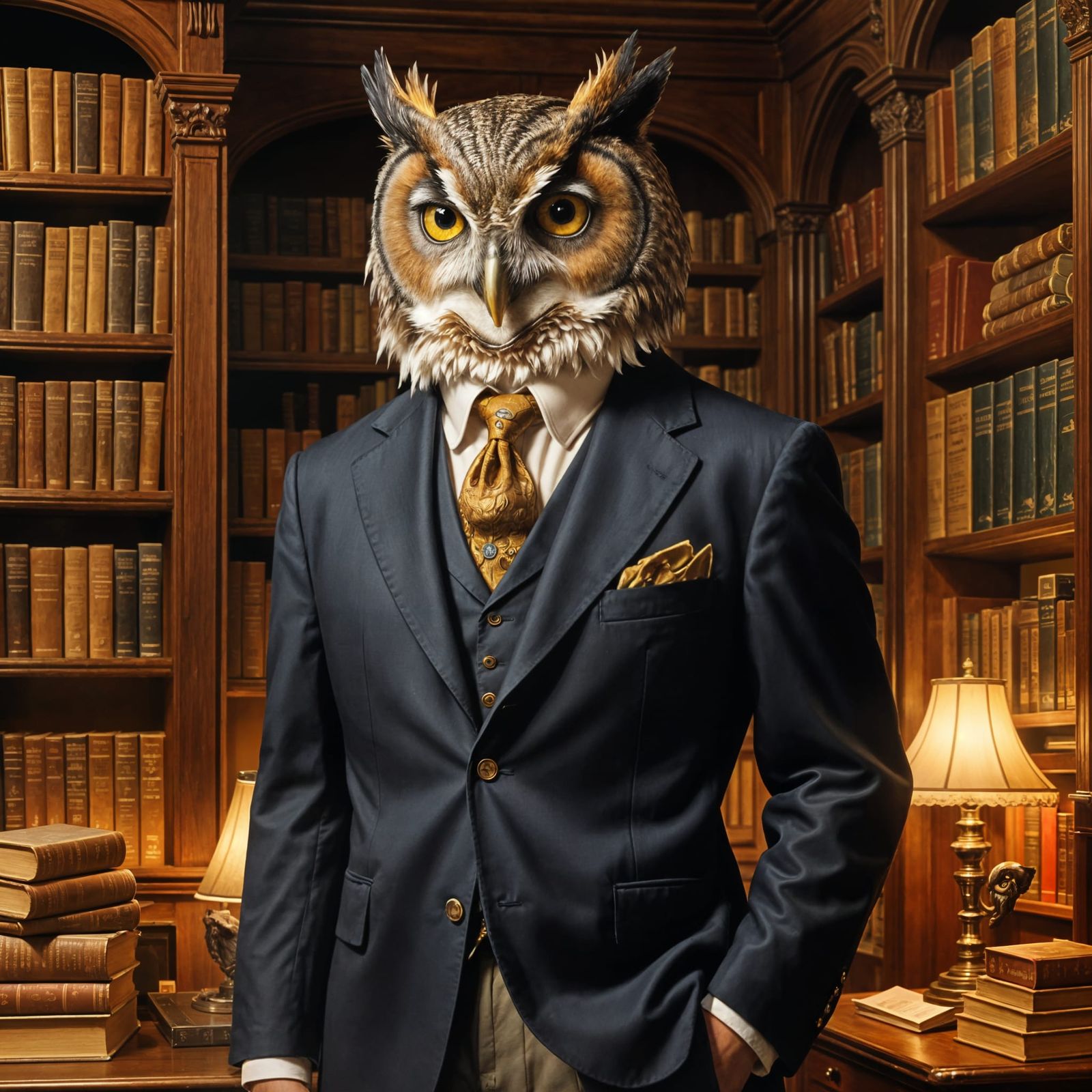 Sophisticated Owl Gentleman in Library, Leyendecker Style