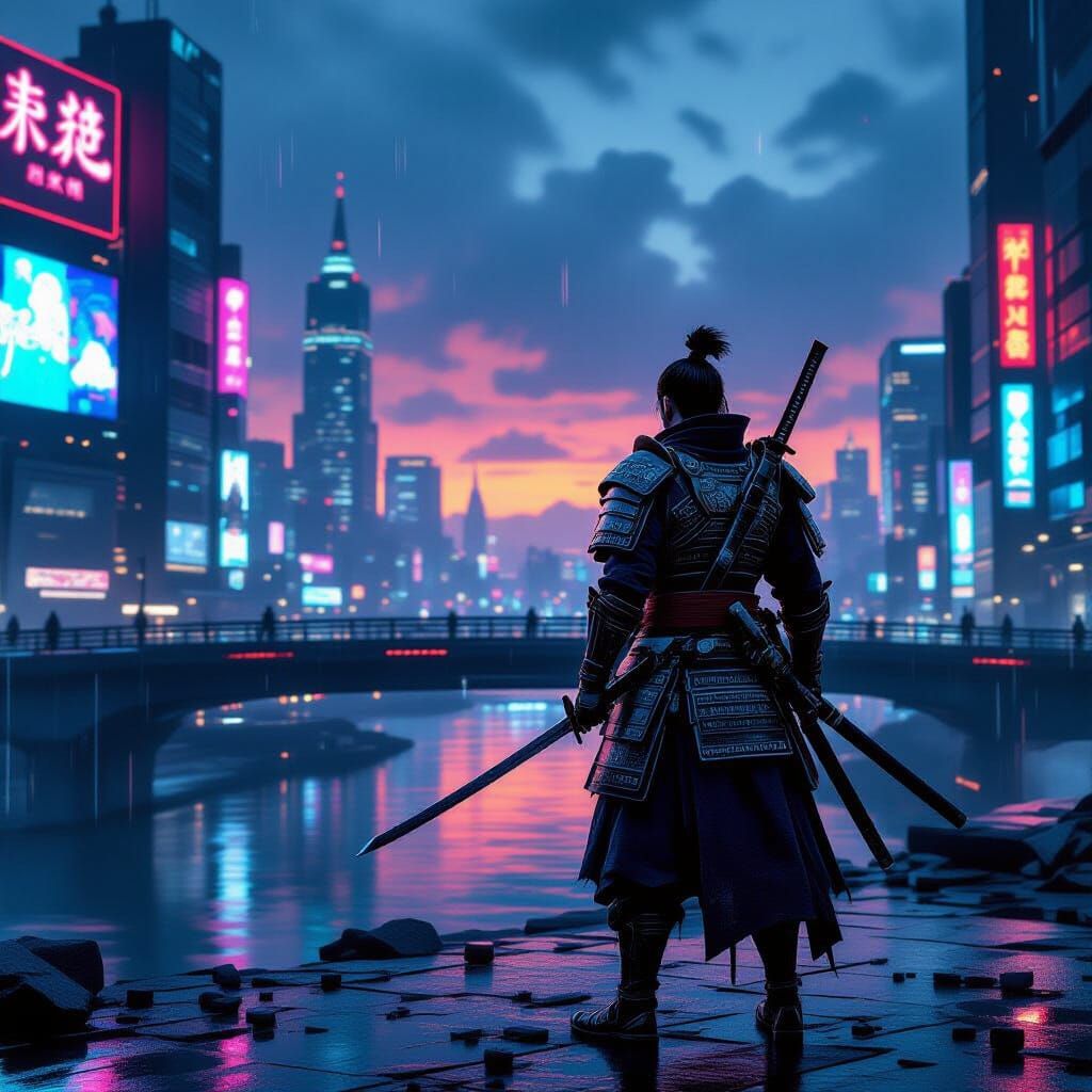 Cyberpunk Samurai Overlooking Neon City at Dusk