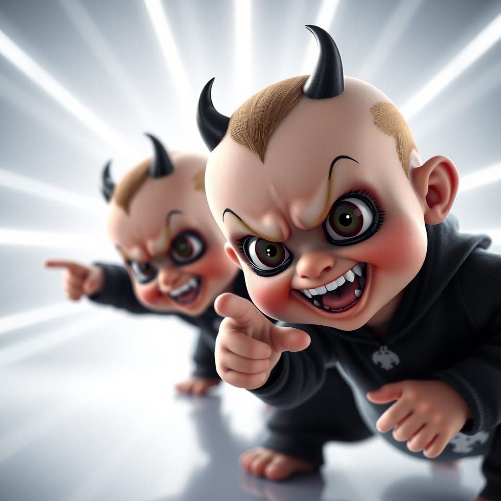 Sinister Babies Smile with Demonic Eyes in Neon Background